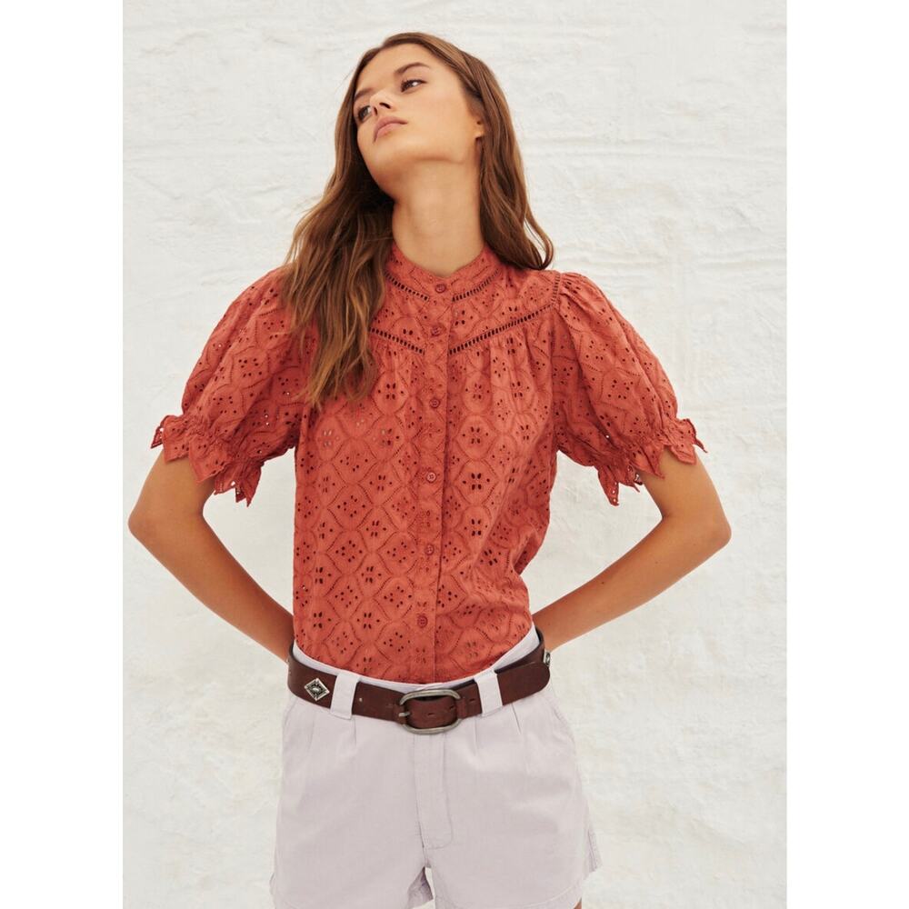 ba&sh Birkin Eyelet NWOT Embroidered Cotton Blouse Size 6 US Peach Puff Sleeve